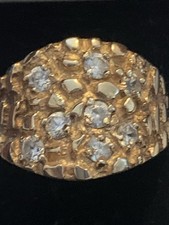 Solid Heavy Unusual 9ct Yellow Gold Nugget And Cz Gypsy / Keeper Style Ring