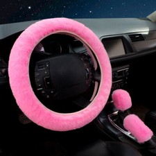 3Pcs-Set Car Steering Wheel Cover Soft Plush Pink Furry Fluffy Winter Accessory