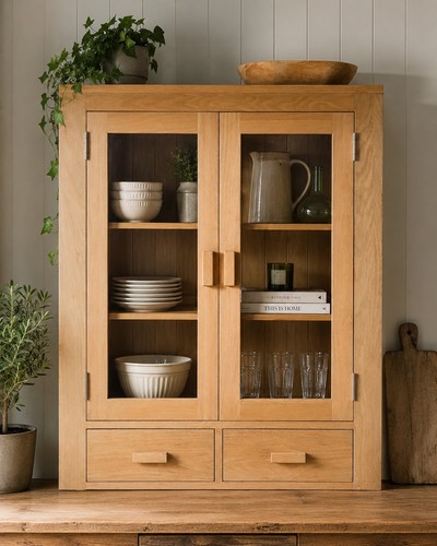 Oak glazed wall cabinet - oak, /