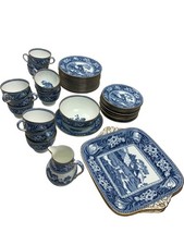 Vintage Wedgwood Blue White Gold Tea Set 39 Pieces Deer Landscape Motif English
