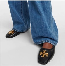 Tory Burch Shoes Womens Size 9.5 Black Square Toe Ballet Flats Leather Gold Logo