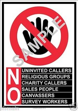 LAMINATED DOOR SIGNS-NO COLD CALLERS CHARITY RELIGIOUS SALES SURVEYS CANVASSING 