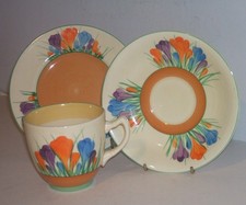 CLARICE CLIFF CROCUS TRIO - CUP, SAUCER, PLATE - GOOD CONDITION