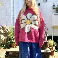 Vintage Pachamama Pink Daisy Jumper Wool Handknit Handmade Floral