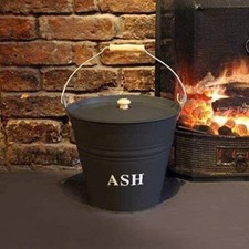 Black Metal Ash Bucket With Lid FirePlace Coal Bin Skuttle Fire Log Storage 12L