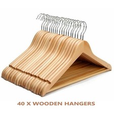 40 X NATURAL WOODEN COAT HANGERS SUIT GARMENTS CLOTHES WOOD TROUSER BAR SET