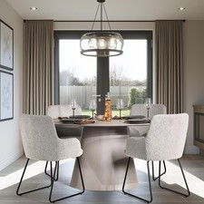 Dining Table & Chairs Sets for 4 Natural Boucle Seat Oval Grey Marble Look Table