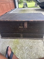 Antique Carpenters Tool Chest, Rustic Wood Trunk, 29x15x14 Primitive 2 Drawers