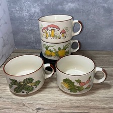 Vintage Vegetable Print Soup Mugs Set of 4 – Stackable Ceramic Bowls