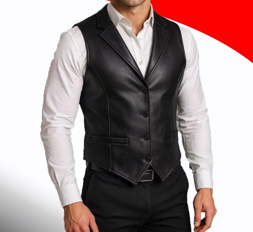 Men black leather biker vest - men's,