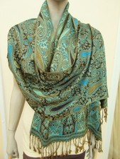 Green, Teal & Gold Woven Jacquard Paisley Fringed Shawl Wrap Scarf