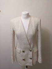 Zara Ecru Tweed Textured Double Breasted Blazer Size XS Golden Buttons 