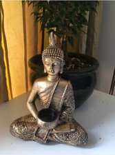 LARGE MEDITATING THAI BUDDHA STATUE TEALIGHT HOLDER BRONZE GOLD COLOUR ORNAMENT