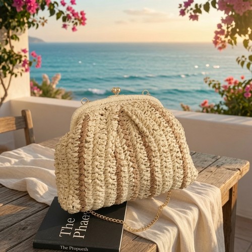 Natural raffia shell clutch - raffia,