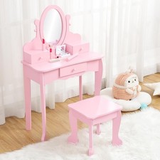 Kids Vanity Table, Children Dressing Table with Stool & Mirror, Girls Vanity Set