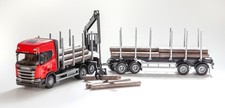 EMEK, SCANIA CR20H 6x4 red with loading crane and timber transport trailer, 1...