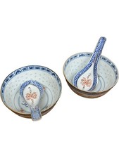 Chinese Handpainted Porcelain Bowls with Soup Spoons Floral Design Set