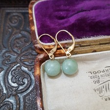 9ct Gold Earrings, Natural Burmese Jade Dangle, Leverback, 9k Gold, 375,Delicate