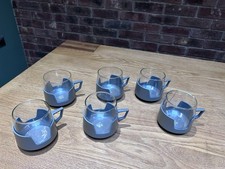 Vintage Pyrex JAJ Drink-up Glass Mugs Cups Beakers With Plastic Holders x5  GREY
