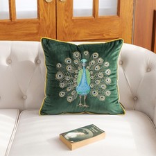Luxurious Embroidered Peacock Dark Green Cushion Cover Living Garden Room