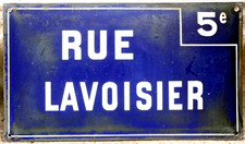 Large old vintage French enamel street sign plaque Rue Lavoisier C18 chemist