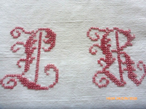 Antique french linen - with, red