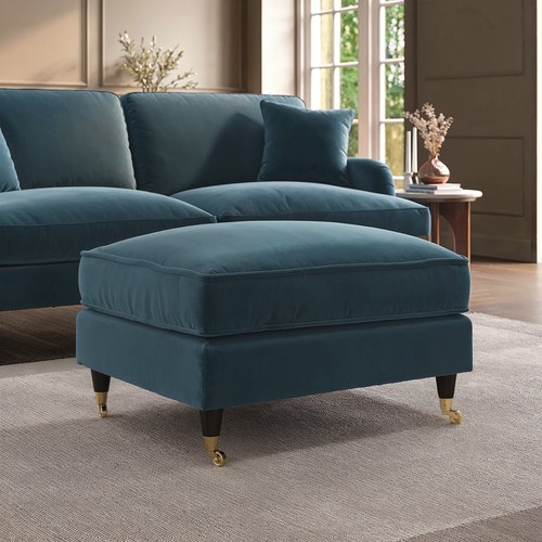Large blue velvet footstool - large,
