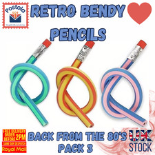 Retro Bendy Pencils Classic 80s Novelty Toy Pack of 3 FREE DELIVERY UK STOCK