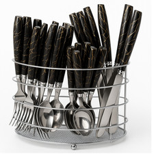 24PC Cutlery Dinner Set Stainless Steel Black Marble Effect Stand Rack Tea Spoon