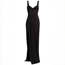 Marchesa Notte Satin Bustier Evening Gown in Black w/ Draped Skirt | US 8