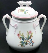 Antique 1880 Haviland Limoges Sugar Bowl H&C Moss Rose Pink Trim Braided Handle