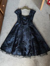Size 14 50’s Rockabilly Silk Effect & Black Flocking Patterned Swing Dress