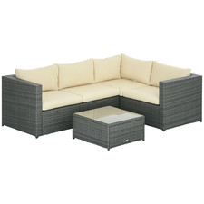 Outsunny 3Pcs Rattan Corner Sofa Set with Coffee Table, Cushion, Beige