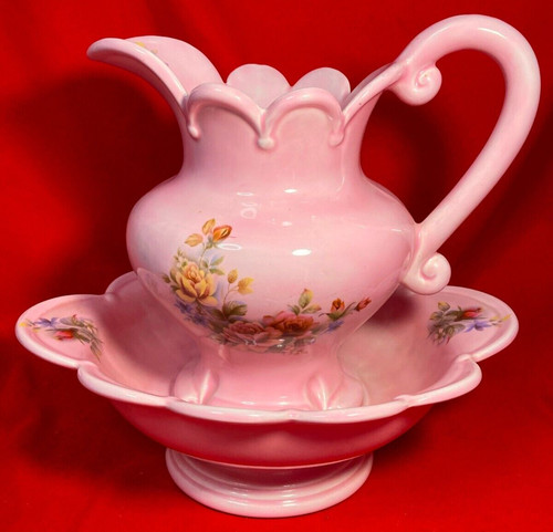 Vtg pink ceramic pitcher wash - vtg,
