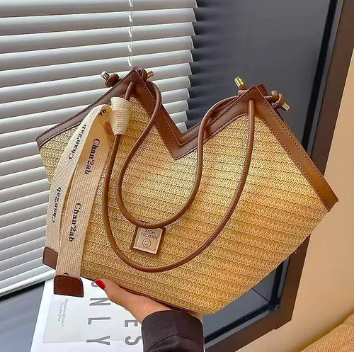 Women straw woven tote bag - straw,