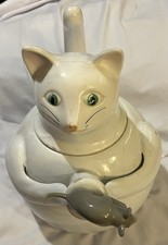 White Cat and Gray Mouse Enamelware Tea Kettle Vintage Chip On Enamel SEE PICS