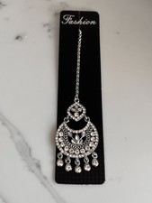 Indian Pakistani Maang Tikka Silver Plated White Stones Bridal Costume Jewellery