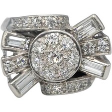 Vintage Antique Platinum VS Round and Emerald Cut Diamond Ring 1.0CT Size 4.5