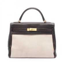 HERMES Kelly 32 shoulder Handbag K inside stitched Toile H Togo Ecru Used GHW