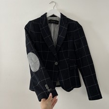 Zara Blazer Wool Navy Check Tweed Hacking Elbow Patch Size XS Xtra Small Uk 6