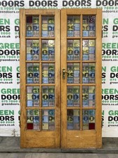 STAINED GLASS FRENCH DOORS WOODEN WOOD ANTIQUE 1930s EXTERNAL EXTERIOR LEADED