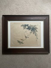 VTG Chinese Watercolour on Silk Painting, Framed Signed, Bird Looking at Flowers