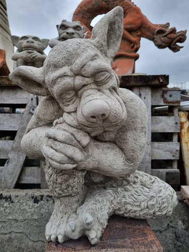 Cast stone dog gargoyle - stone, garden