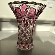 Vintage Hofbauer Star Flower Ruby Red & Clear 24% Lead Crystal Vase Germany 10"