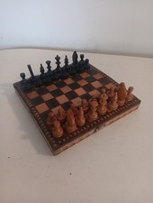 Vintage wood pyrography small chess set 7" travel chess