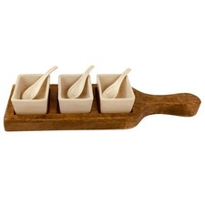 Ceramic Bowls & Spoons Brown Wooden Tray Snack Dip Appetizer Tapas Serving Set