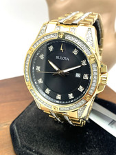 Bulova Men's Watch 98K115 Quartz Black Dial Crystals Gold Steel Gemmed 43mm Set
