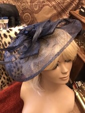 PHASE EIGHT NAVY FASCINATOR HAT OSTRICH FEATHER HEAD PIECE BAND BOW WEDDING RACE