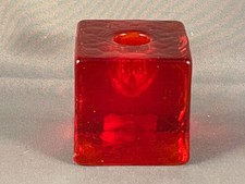 Vtg. cherry red art glass cube single candle holder. Handmade in Sweden. Mint.