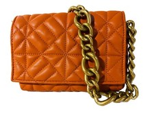 Zara Quilted Chunky Old Gold Tone Chain Strap Orange Modern Chic Shoulder Bag